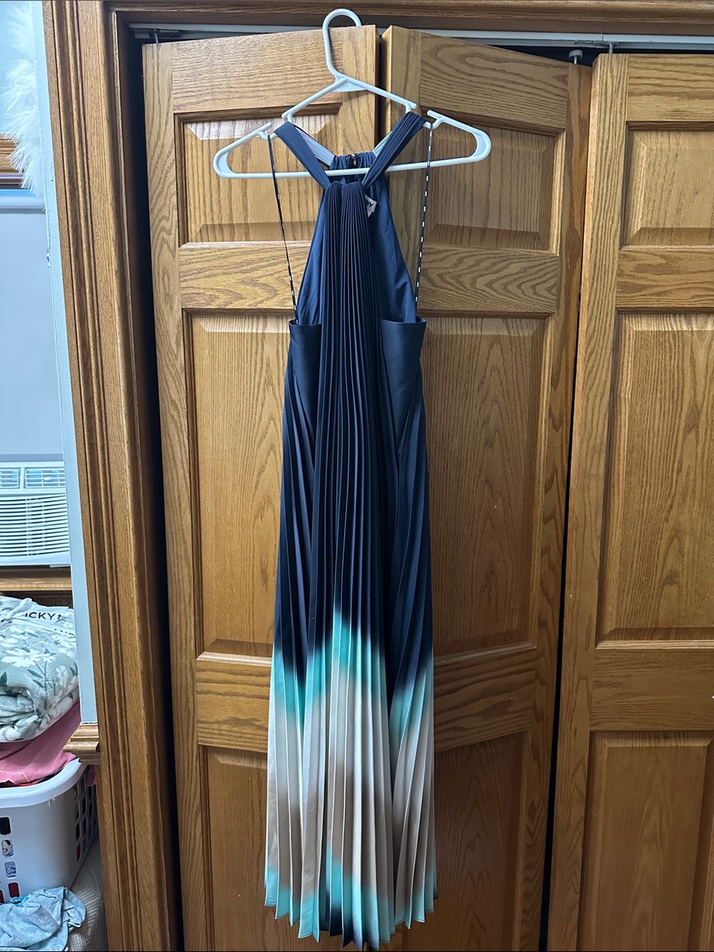 DKNY Navy Blue to Teal Ombre Pleated Maxi Dress